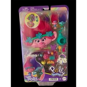 Polly Pocket Trolls Compact Playset with 2 Micro Dolls &13 Accessories, Poppy Ex
